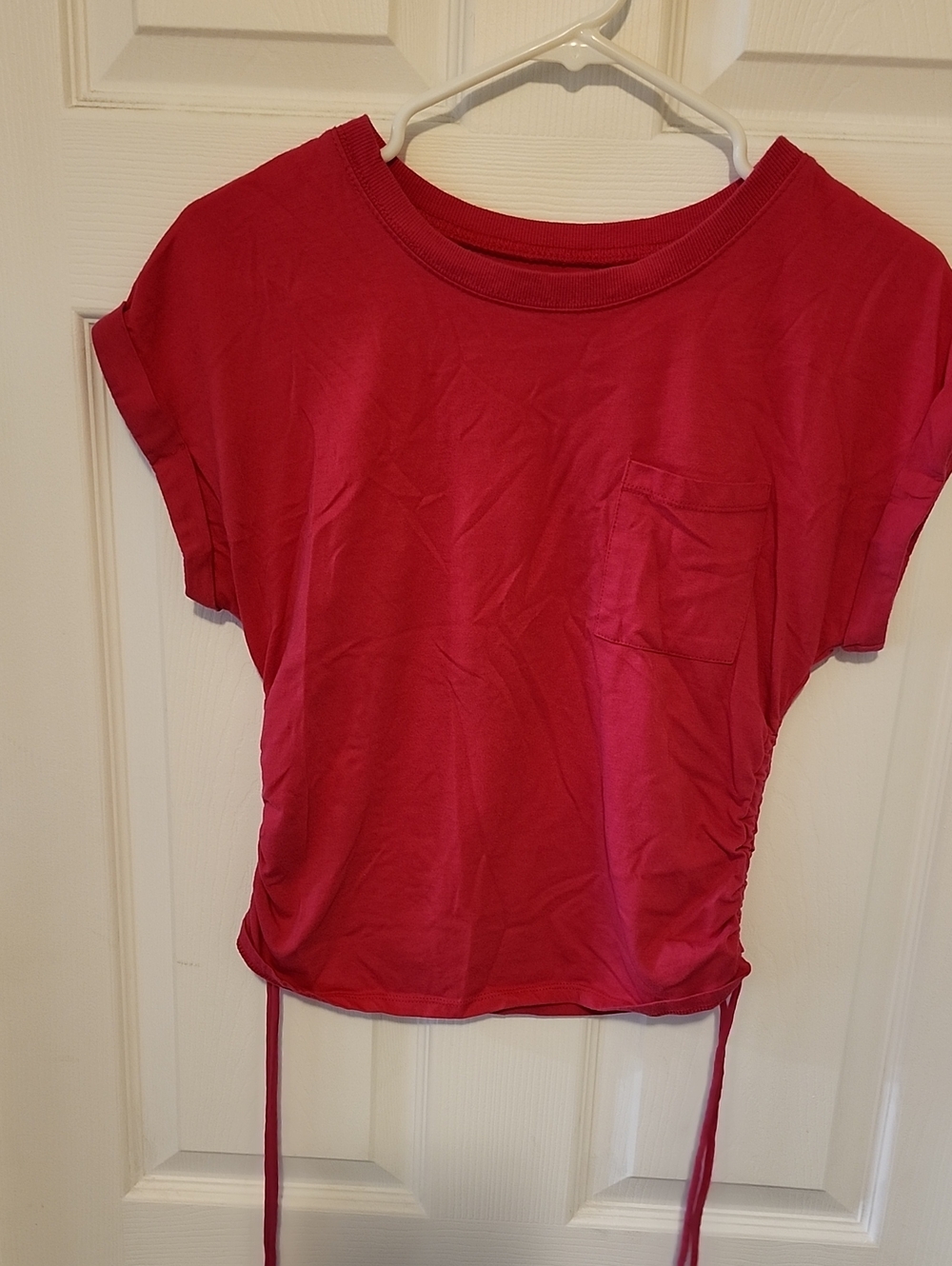 No Boundaries Bight Pink Short Sleeve Drawstring, Pocket Crop Top